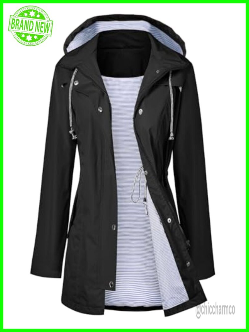 Women's Waterproof Long Hooded Trench Raincoat Lined Windbreaker
